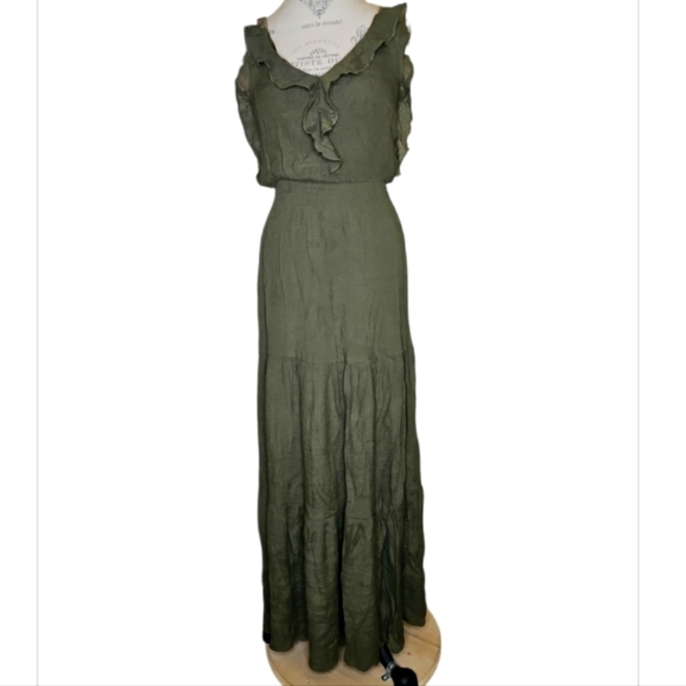 Entro Olive Green Tiered Ruffle Maxi Dress Tapestry Strap Size M